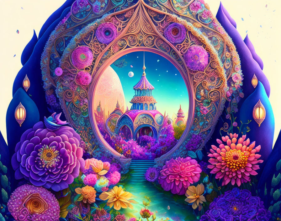 Fantasy illustration of floral-framed gateway to moonlit palace