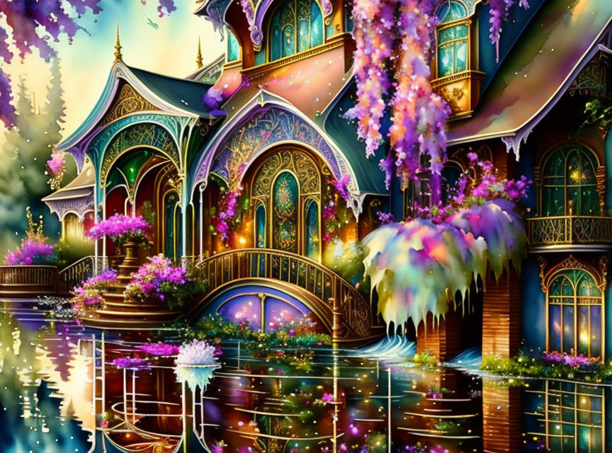 Fantasy cottage with ornate windows in pink blossom surroundings