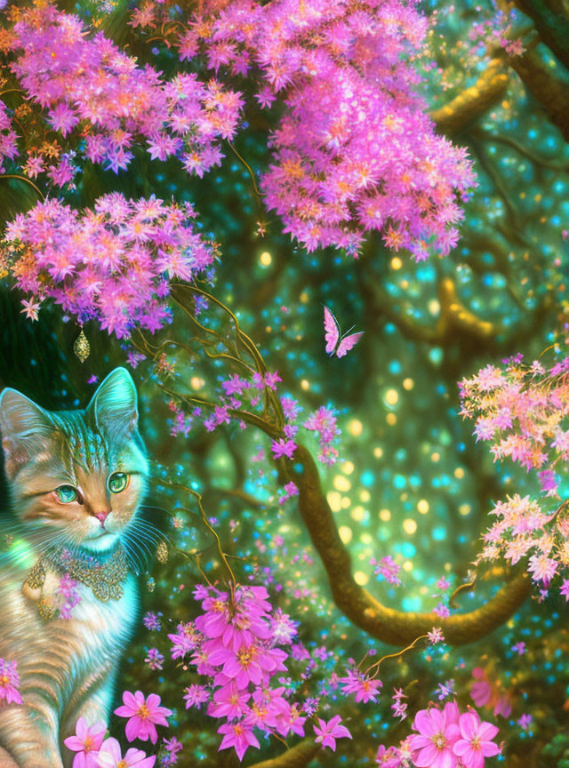 Colorful digital artwork: Cat, pink blossoms, butterfly, turquoise backdrop