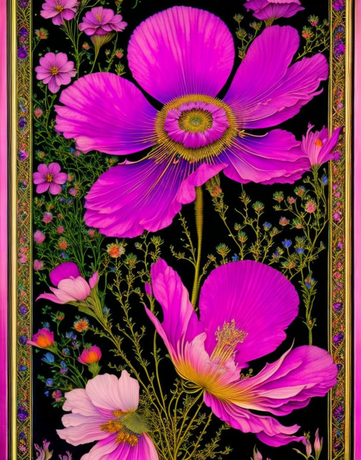 Vibrant Pink Flowers on Black Background with Foliage