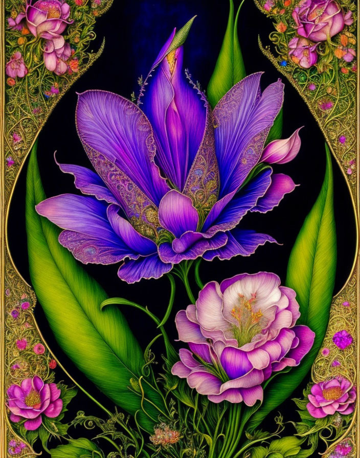 Detailed Purple Flower Illustration with Green Leaves and Border Designs