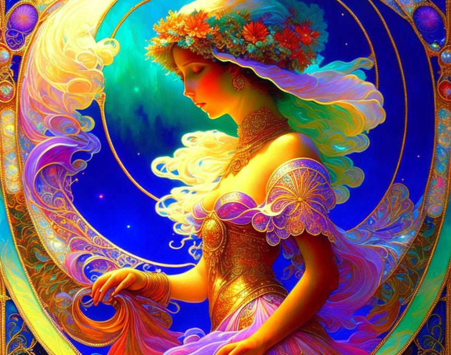 Colorful artwork of woman in ornate dress with floral headpiece in luminous setting.