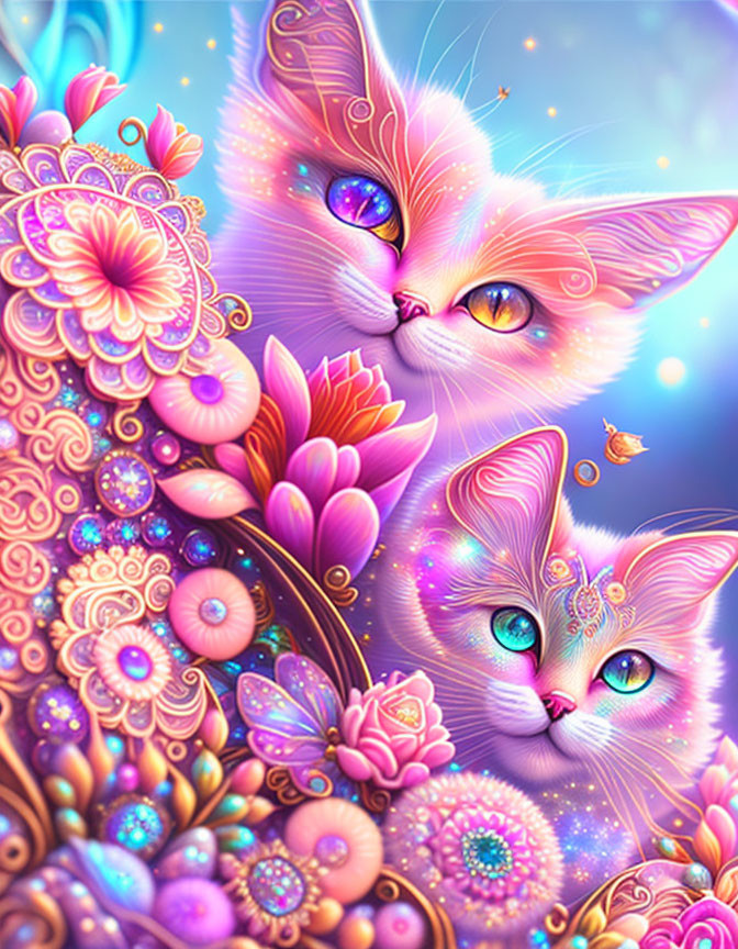 Colorful whimsical cats surrounded by intricate flowers and patterns