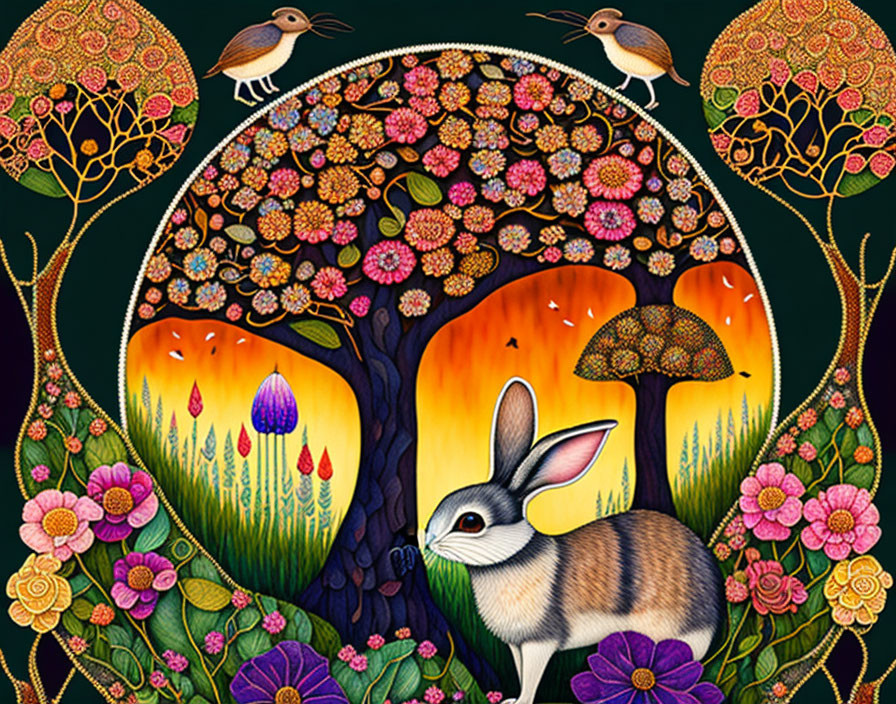 Detailed illustration of rabbit in vibrant flora and fauna with golden tree arch