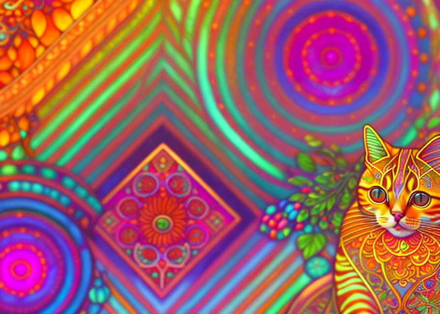 Colorful Mandala Patterns with Stylized Cat in Psychedelic Background