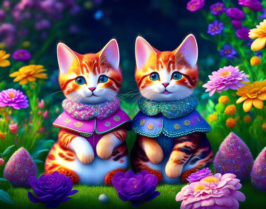 Orange Tabby Kittens in Colorful Flower Garden