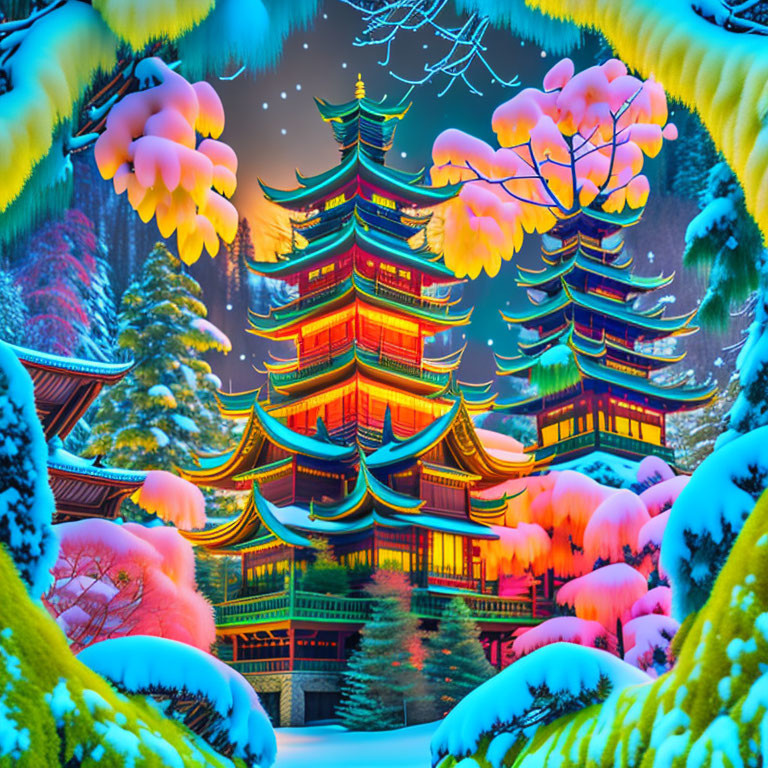 Traditional multi-tiered pagoda in snowy landscape with illuminated trees and starry sky