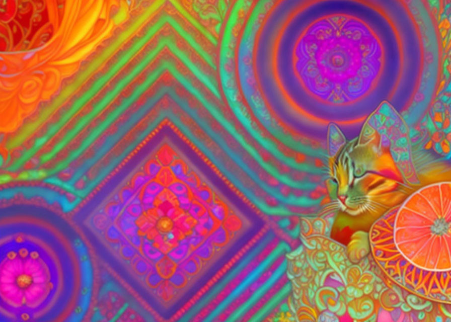 Psychedelic Cat Among Geometric Patterns and Colors