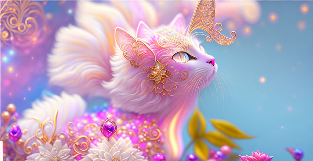 Regal White Cat with Golden Embellishments in Dreamy Setting