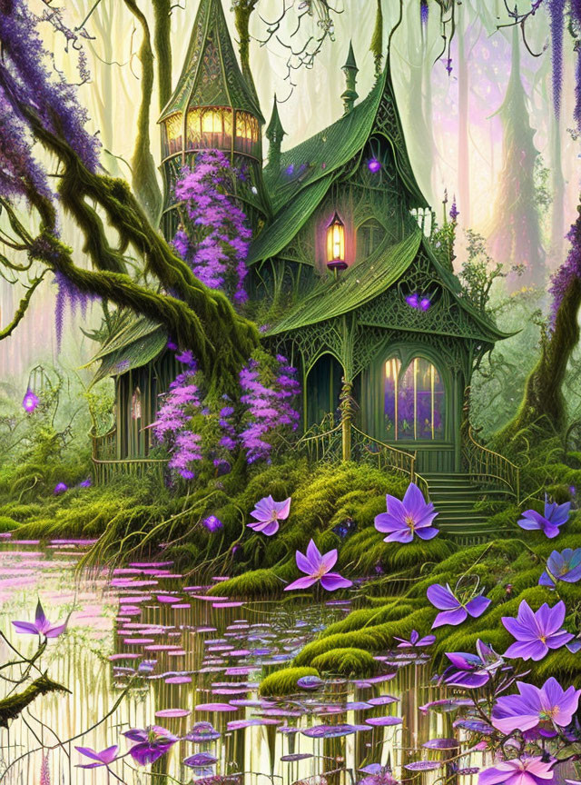 Green treehouse with purple accents in a serene natural setting