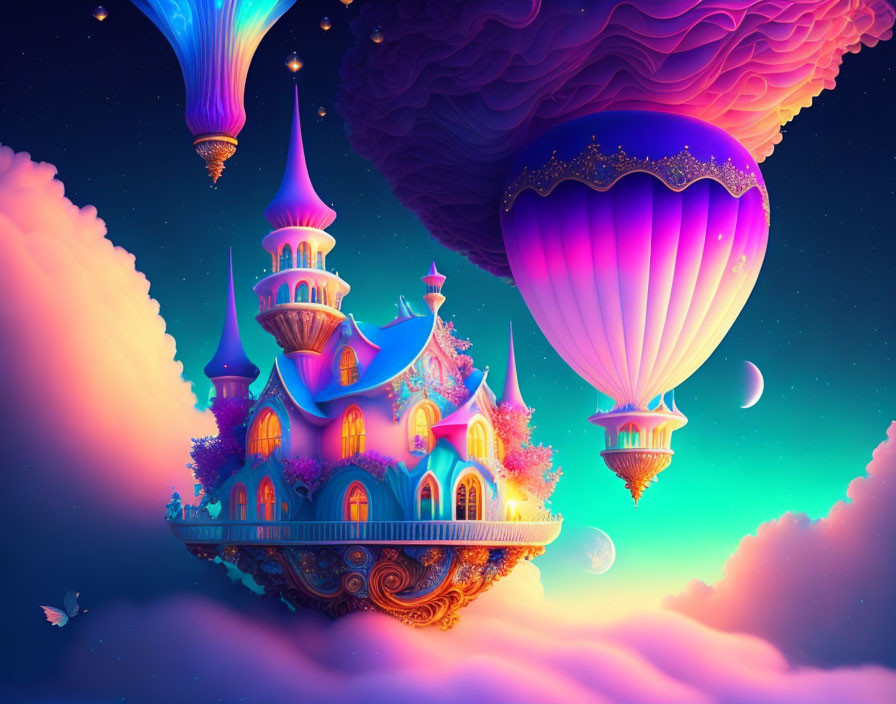 Fantasy scene with whimsical castle on floating island & colorful sky