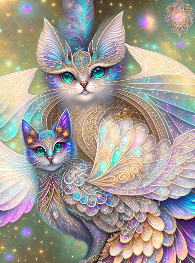 Fantastical cats with wings in a cosmic background