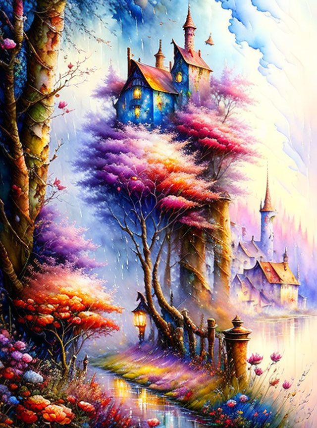 Whimsical cottage, colorful trees, reflective river in fantasy painting