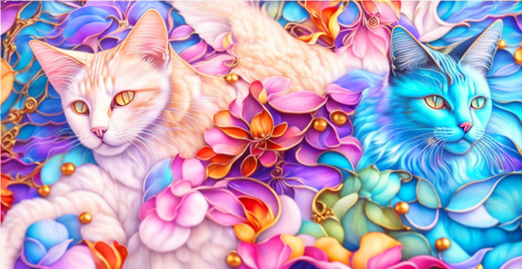 Colorful digital artwork: Two stylized cats with flowers and patterns