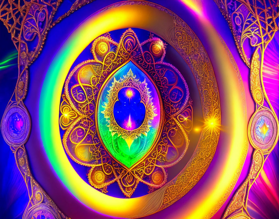 Colorful digital artwork featuring central peacock feather motif surrounded by golden patterns & neon colors