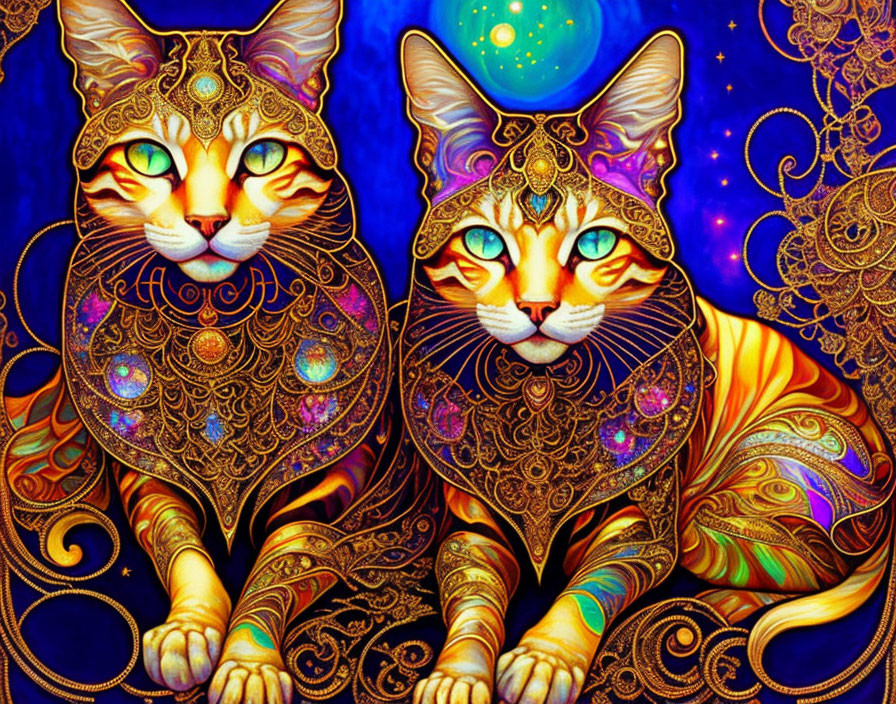 Majestic Cats with Colorful Patterns in Cosmic Setting