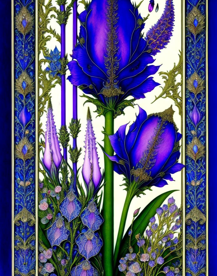 Detailed Botanical Illustration: Blue and Purple Flowers with Gold Detailing