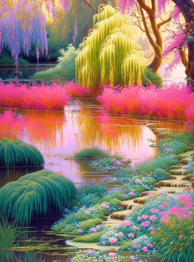 Lush garden with weeping willows, flowering trees, and serene pond