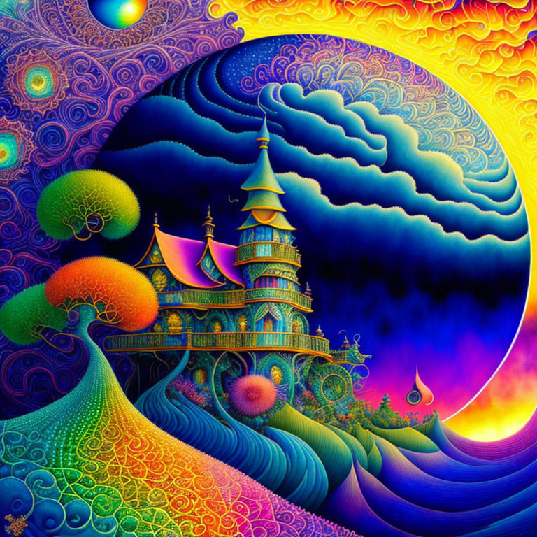 Colorful Psychedelic Castle Illustration on Swirling Hills