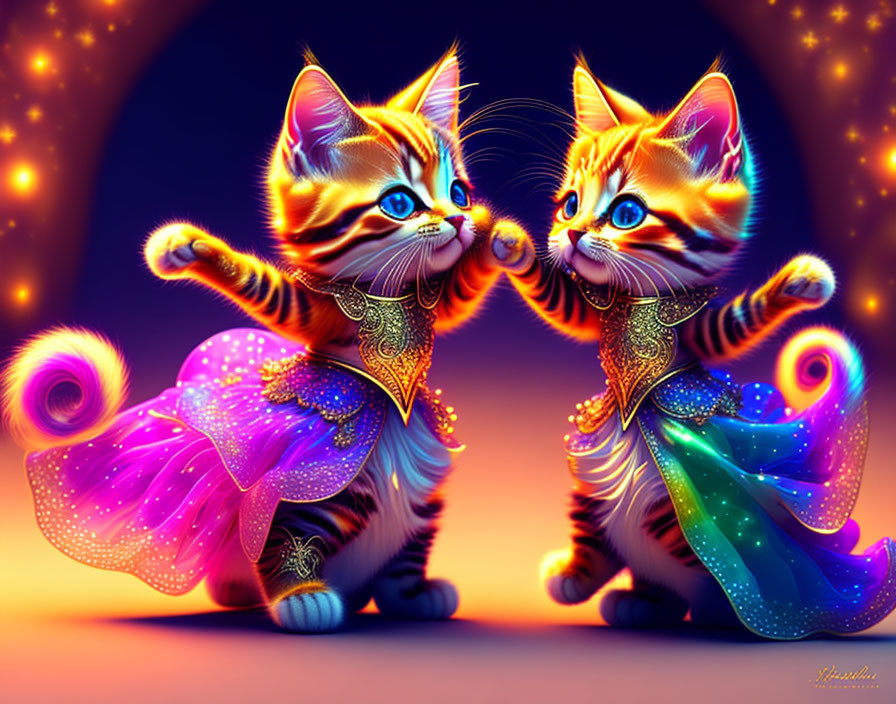 Colorful animated kittens in sparkling outfits on magical backdrop.