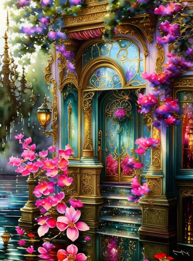 Fantasy illustration of ornate golden door in blooming pink flowers