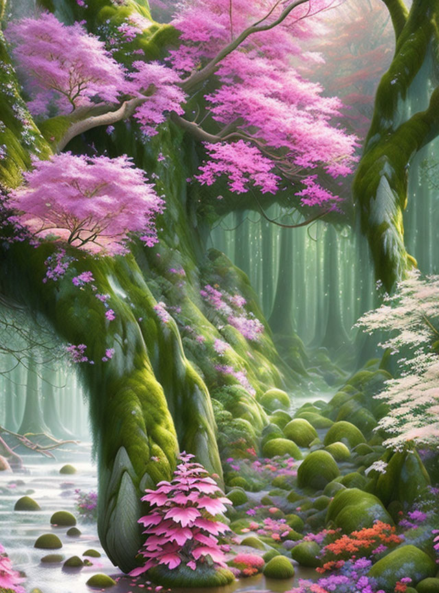 Vibrant pink cherry blossoms in enchanted forest with lush green trees and serene stream.