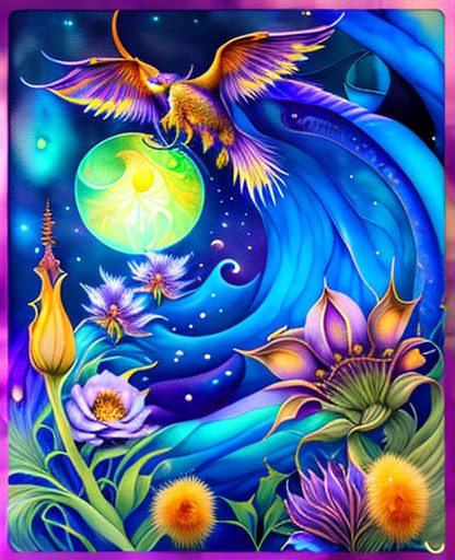 Colorful Phoenix Soaring in Galaxy with Flowers & Seeds