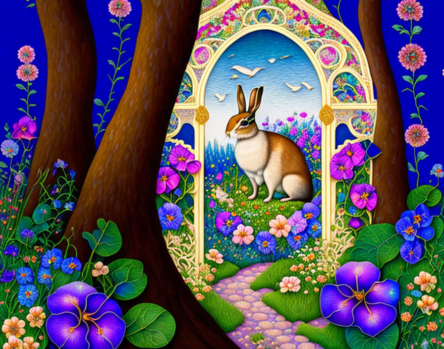 Colorful Rabbit in Whimsical Garden with Archway and Water View