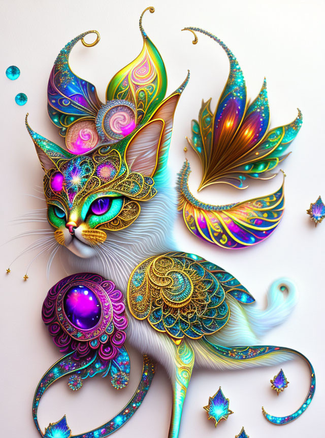 Colorful Stylized Cat Artwork with Ornate Patterns and Gem Accents