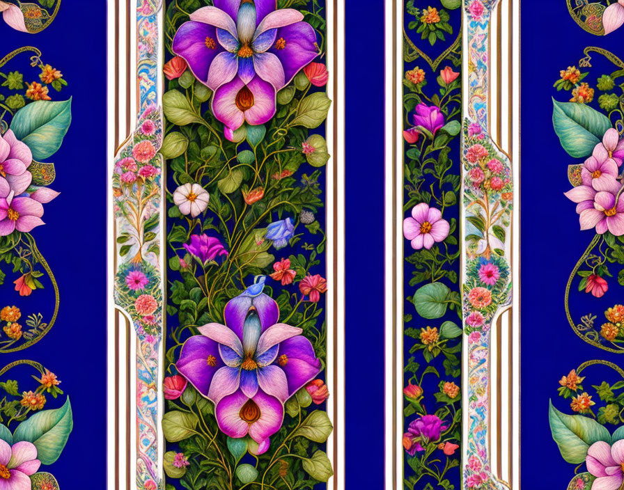 Colorful Floral Pattern on Deep Blue Background with Gold Borders