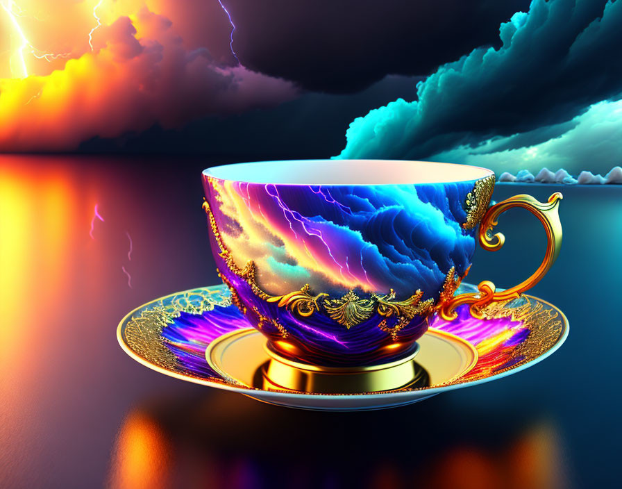 Golden cup with storm and lightning design under dramatic sky