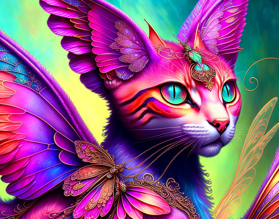 Fantastical cat with butterfly wings and companion in vibrant digital art