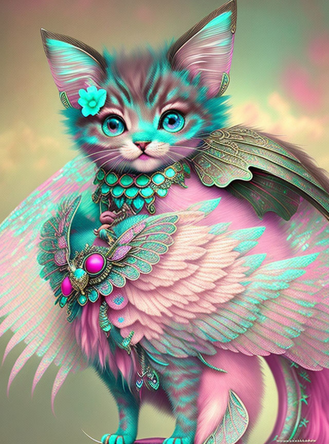 Whimsical pink-winged kitten with teal floral accessory and ornate jewelry