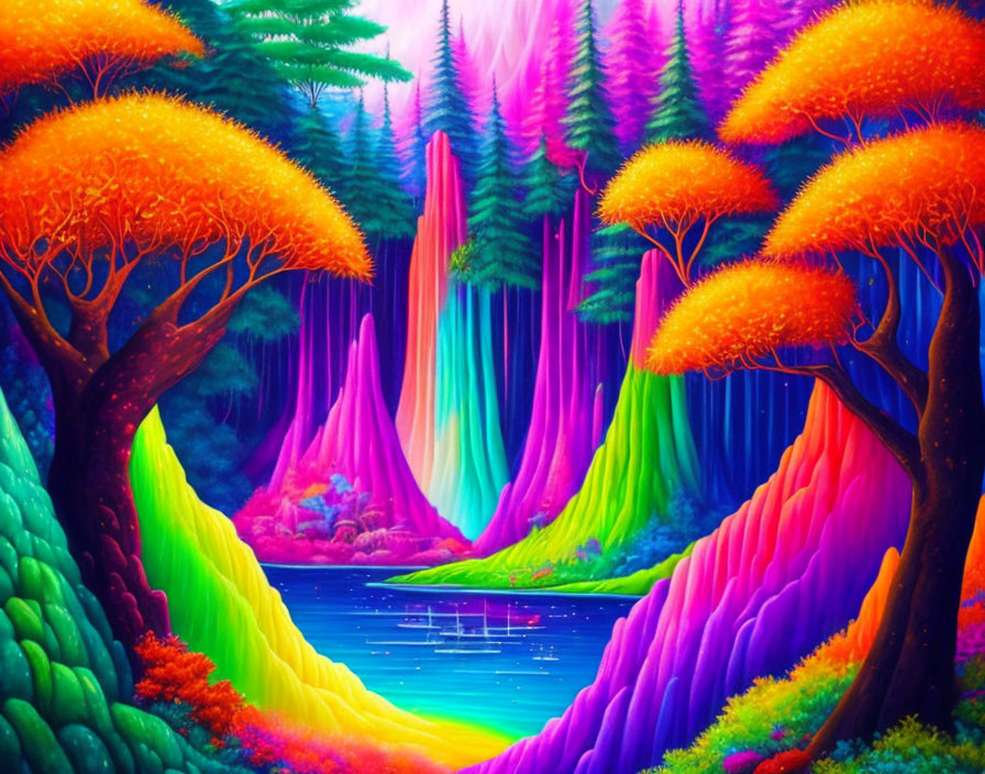 Vibrant Landscape with Colorful Trees and Waterfalls