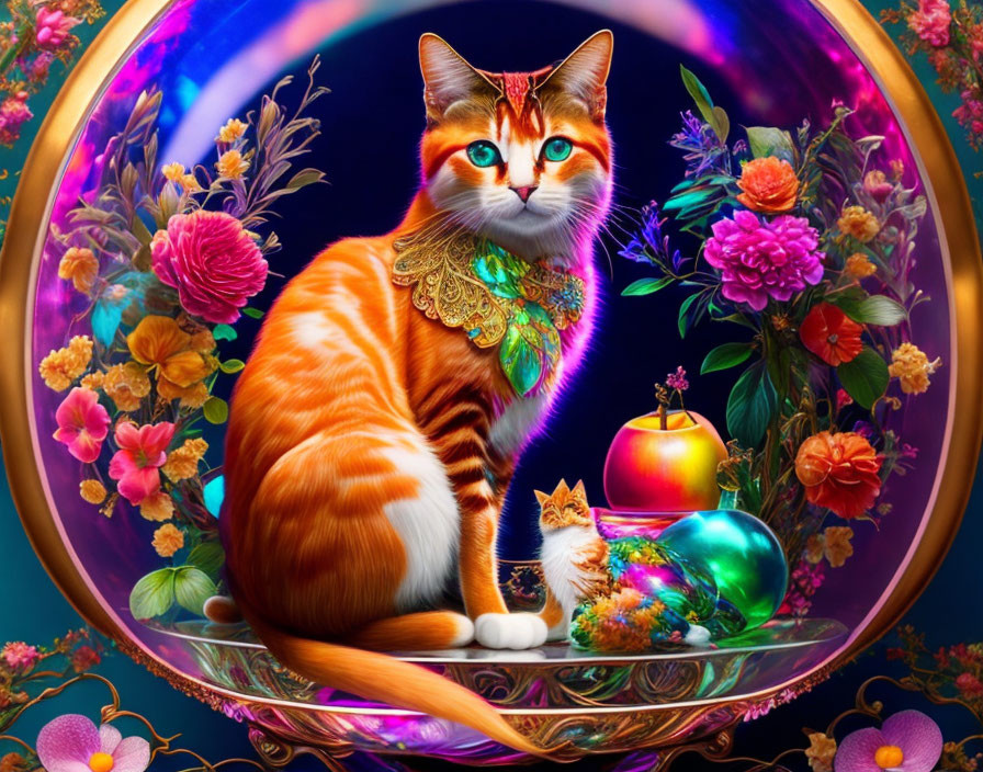 Illustration of Orange Tabby Cat with Green Eyes and Jeweled Collar in Ornate Frame