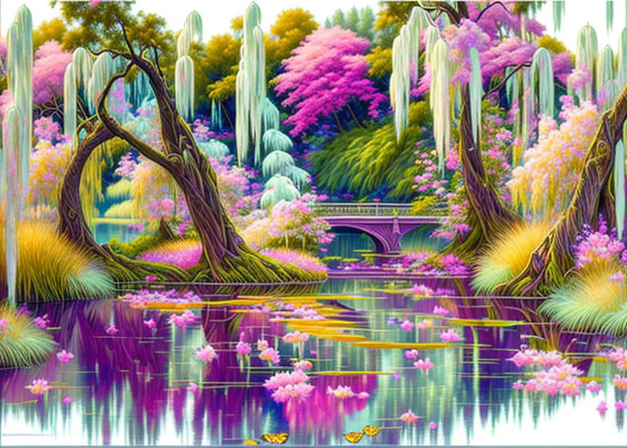 Colorful Fantasy Landscape with Weeping Trees, Serene Lake, and Distant Bridge