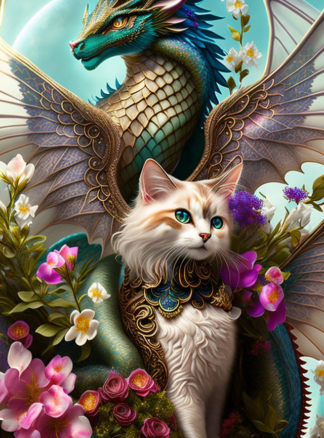 Detailed artwork of majestic cat and dragon surrounded by vibrant nature