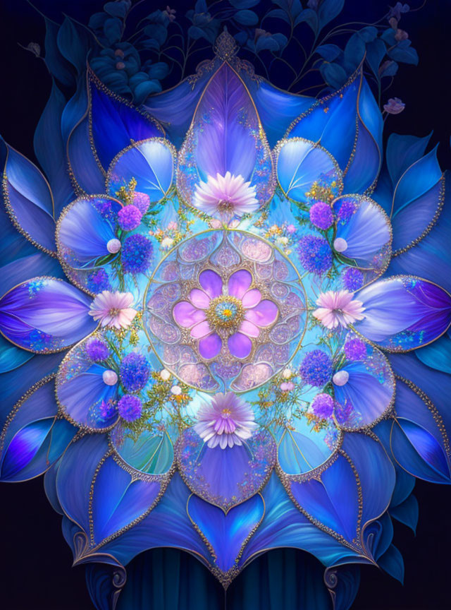 Symmetrical blue and violet mandala with floral patterns and sparkling details