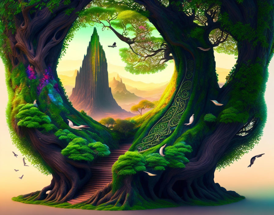 Fantasy landscape with tree-arched pathway and towering mountain