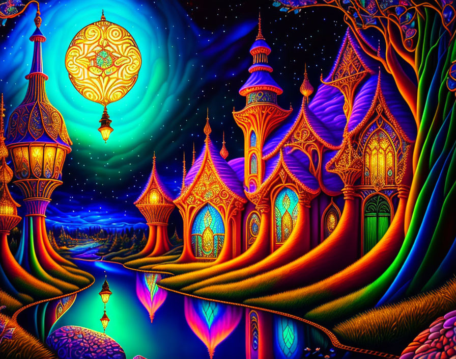 Whimsical fantasy landscape with ornate buildings and glowing river