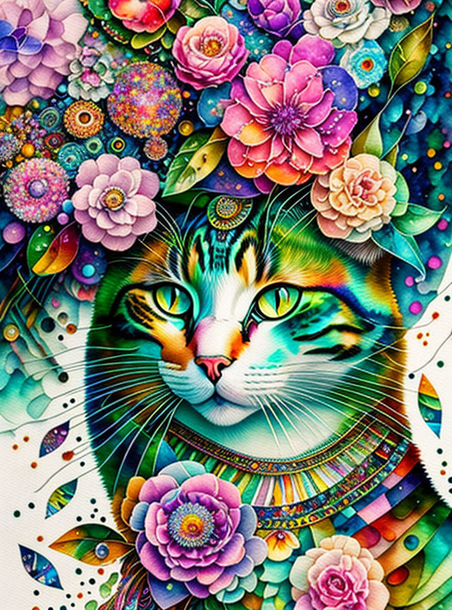 Colorful Stylized Cat's Face Surrounded by Flowers and Patterns