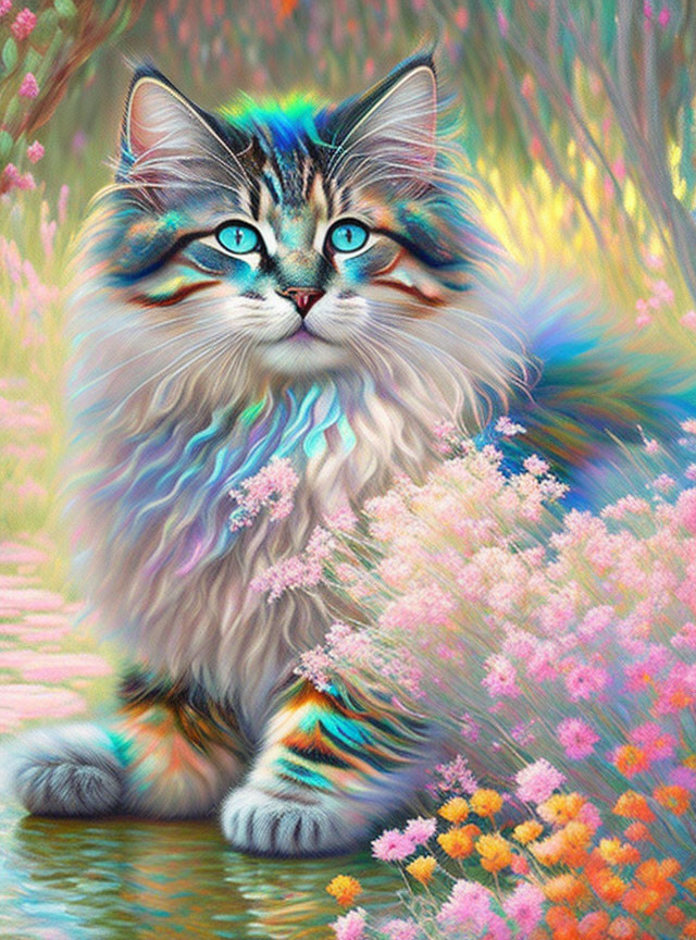 Colorful Fluffy Cat with Blue Eyes Among Pastel Flowers