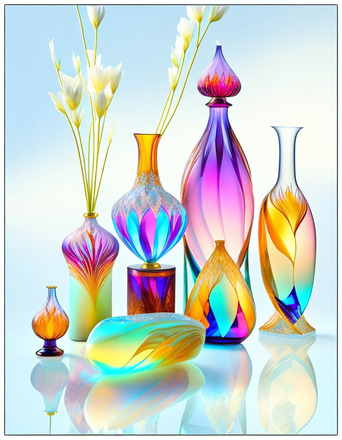 Colorful Glass Vases and Bottles with Elegant Designs and White Flowers on Light Blue Background