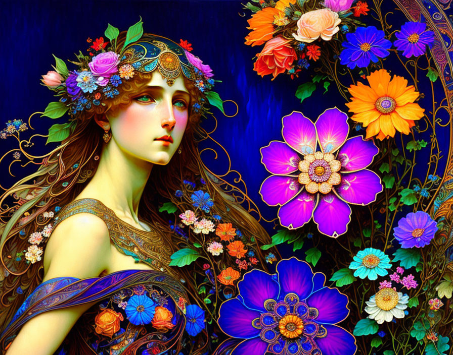 Colorful illustration of woman with floral headpiece and jewelry in flower tapestry.