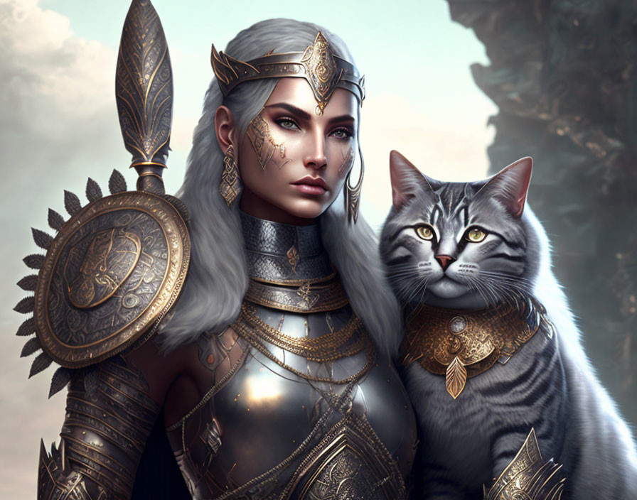 Silver-armored warrior woman and cat in regal pose against cloudy background