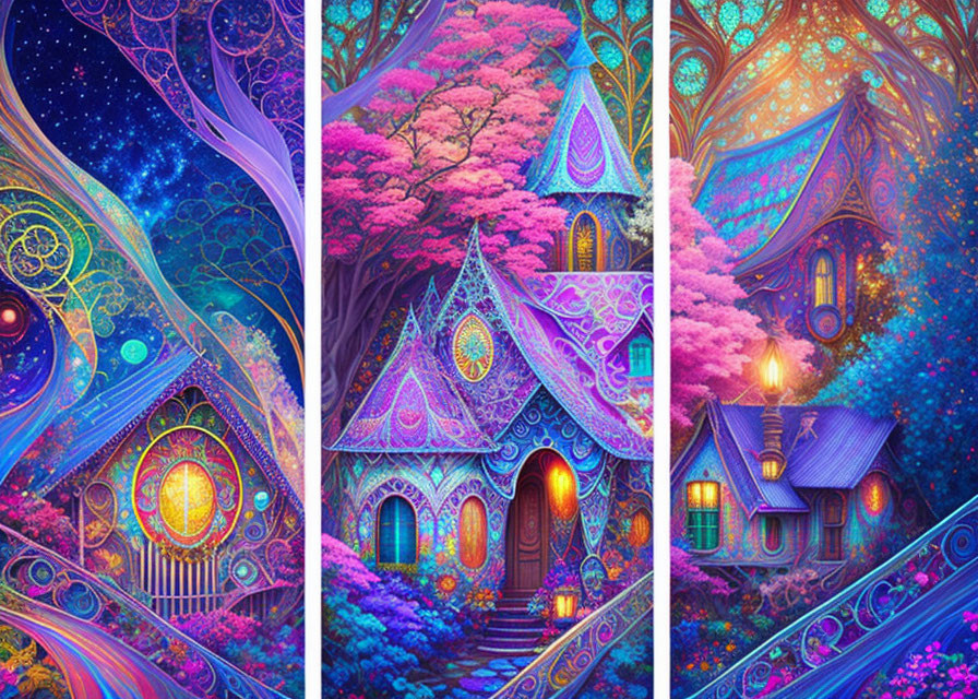 Whimsical fantasy triptych: vibrant, colorful houses in pink-flowered landscapes