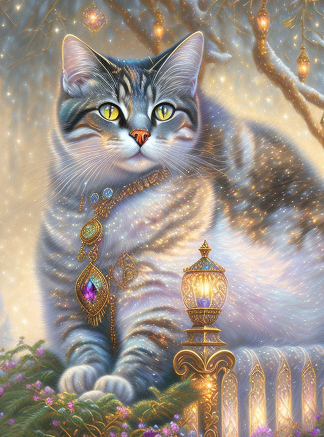 Grey Tabby Cat with Ornate Jewelry in Magical Garden Setting