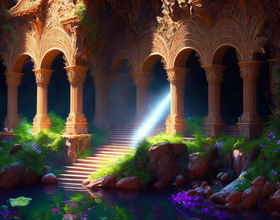 Digital artwork: Ornate arches, celestial light in forest.