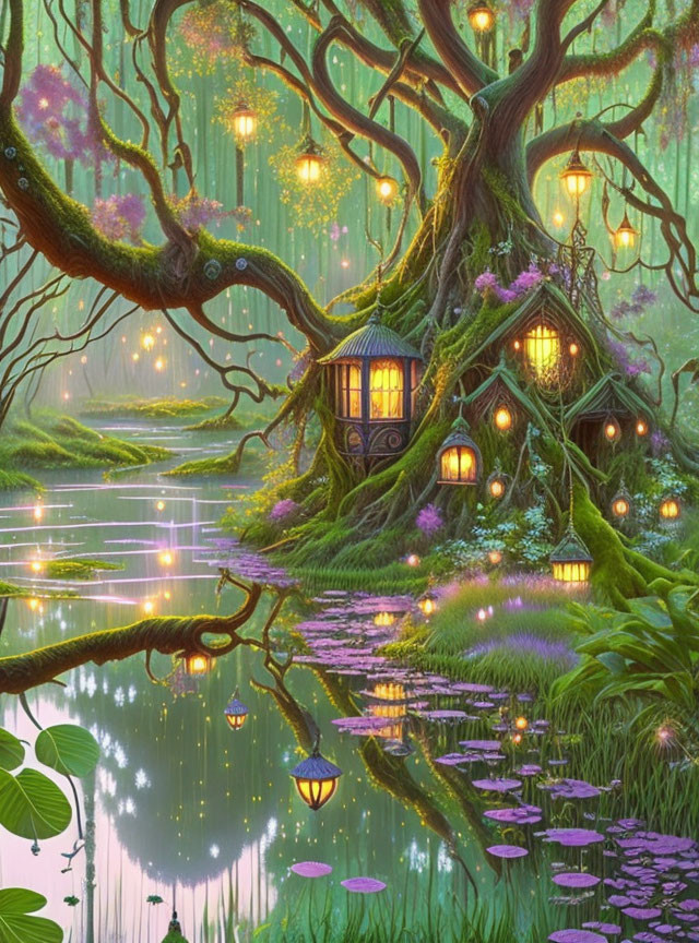 Enchanting fantasy forest with ancient tree, magical lanterns, and serene water reflection