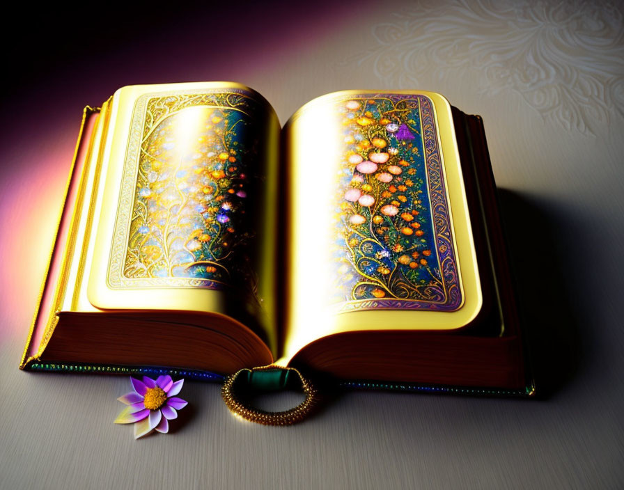 Intricate open book with glowing pages, flower, heart pendant on patterned surface